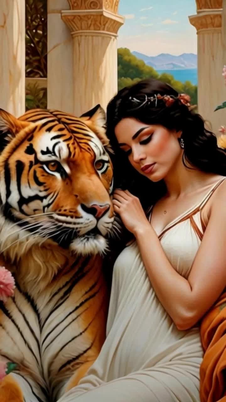 Graceful woman in flowing silk gown lovingly caresses majestic tigers smooth fur Exotic jungle foliage creates a vibrant backdrop with dappled sunlight filtering through lush trees Soft sounds of wildlife echo in the warm air as playful butterflies flit around serene moment