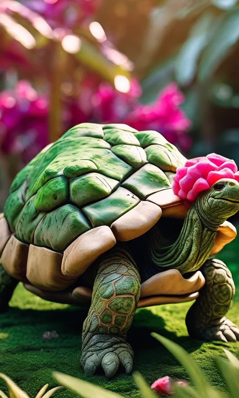 Ancient tortoise with deep wrinkles and textures vibrant dragon fruit with striking skin peculiar smiling face with unique creases whimsical crumpled paper sculpture twisting and turning under bright sunlight shining through lush green foliage enchanting garden bursting with colors and life