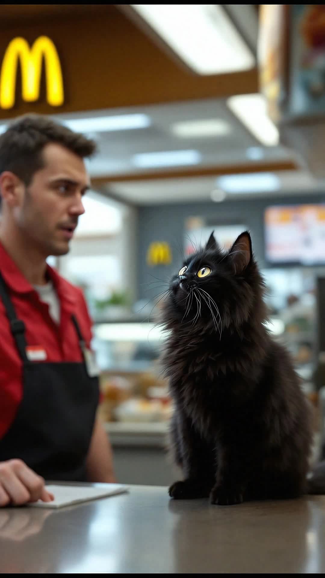 Cat hissing to cat McDonalds worker meowing 