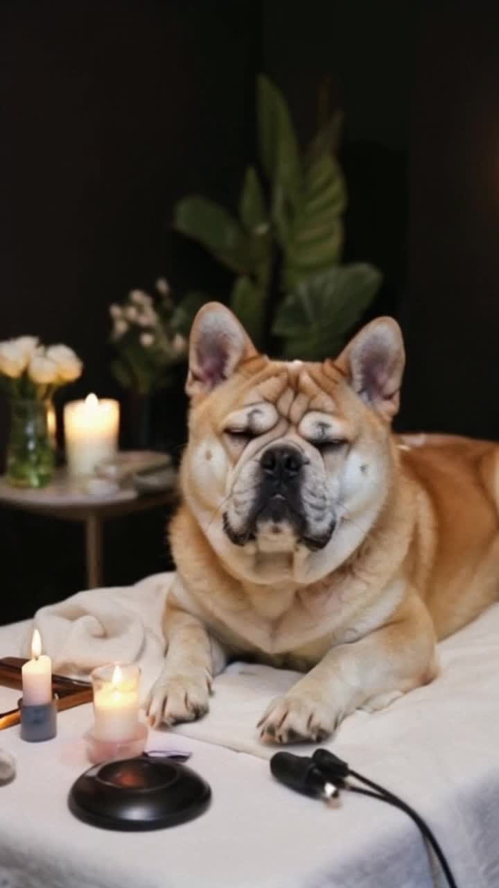 Fluffy Shar Pei basking in pampering bliss exuding joy and comfort soaking in fragrant oils with a gentle massage swirling warm water bubbles around plump folds of skin tranquil spa environment adorned with soft candlelight soothing ambiance filled with calming melodies lush greenery peeking through large windows inviting sun rays cascading down reflecting gentle happiness