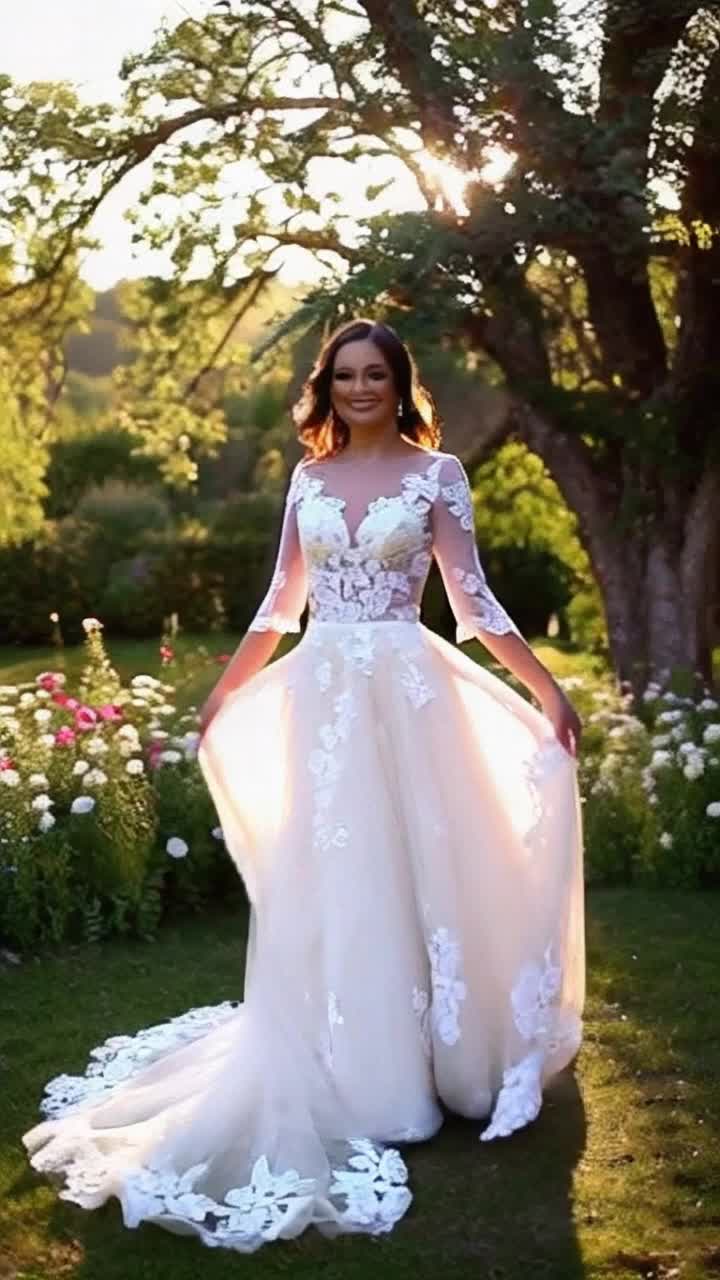 Elegant bride radiates joy spins gracefully in flowing lace gown shimmer of delicate beadwork catches sunlight blooming garden filled with vibrant flowers soft petals swirling in gentle breeze warm sunlight filters through lush greenery creating a dreamy ethereal atmosphere