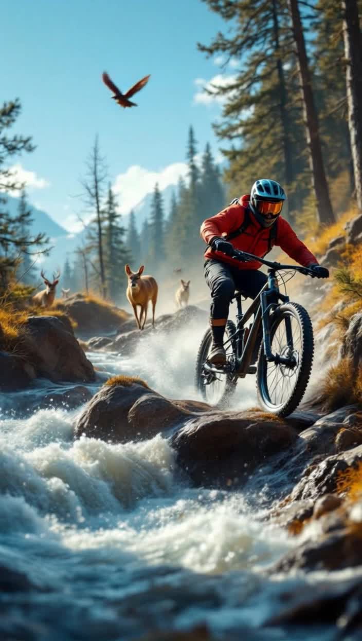 Extremely fast paced from the top of the mountain bike trail, a midday summit thermos cup of steamy warm coffee in the cool mountain air is chugged with ecstatic enjoyment while sitting on a shiny new black and silver mountain bike, thermos is closed quickly for the quick start of descent down the mountain and picking up speed, even with wildly crazy twists and turns on the bumpy trail, passing startled deer, rabbits and a cougar, an annoyed squirrel flips a bird, oh well, details emphasized on the animals, almost to the end when the front wheel hits a rock, the bike flies up in a loop to come down into the deep cool rushing water of the nearby river, clear blue sky, erratic comical faces, simultaneously synchronized, speed is of the essence