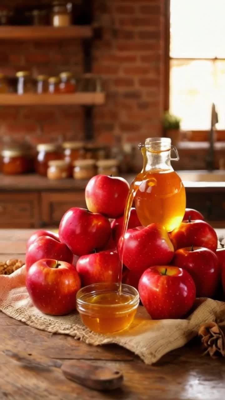  A rustic wooden table laden with a bountiful autumn harvest In the center of the table lies a large pile of ripe, shiny red apples, next to which stands an antique glass bottle labeled Golden Orchard A cascade of golden honey delicately flows over the apples, illuminated by soft, diffused light streaming through the window, creating a warm and cozy atmosphere In the background is a softly focused, warmly lit kitchen with  brick walls and shelves filled with clay jars of homemade preserves and dried herbs