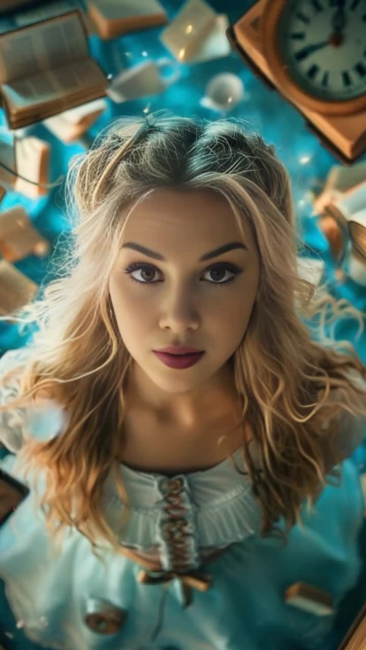 Elegant Alice with flowing golden locks adorned in a whimsical dress gazes in wonder as she stumbles backwards into a swirling magical portal Radiant colors of blue and purple twirl around her feet sparkling stars and shimmering dust erupt from the portals edge illuminating her awestruck expression Enchanted garden filled with oversized flowers and fantastical creatures creates a dreamlike atmosphere butterflies fluttering around her as she teeters on the edge of adventure