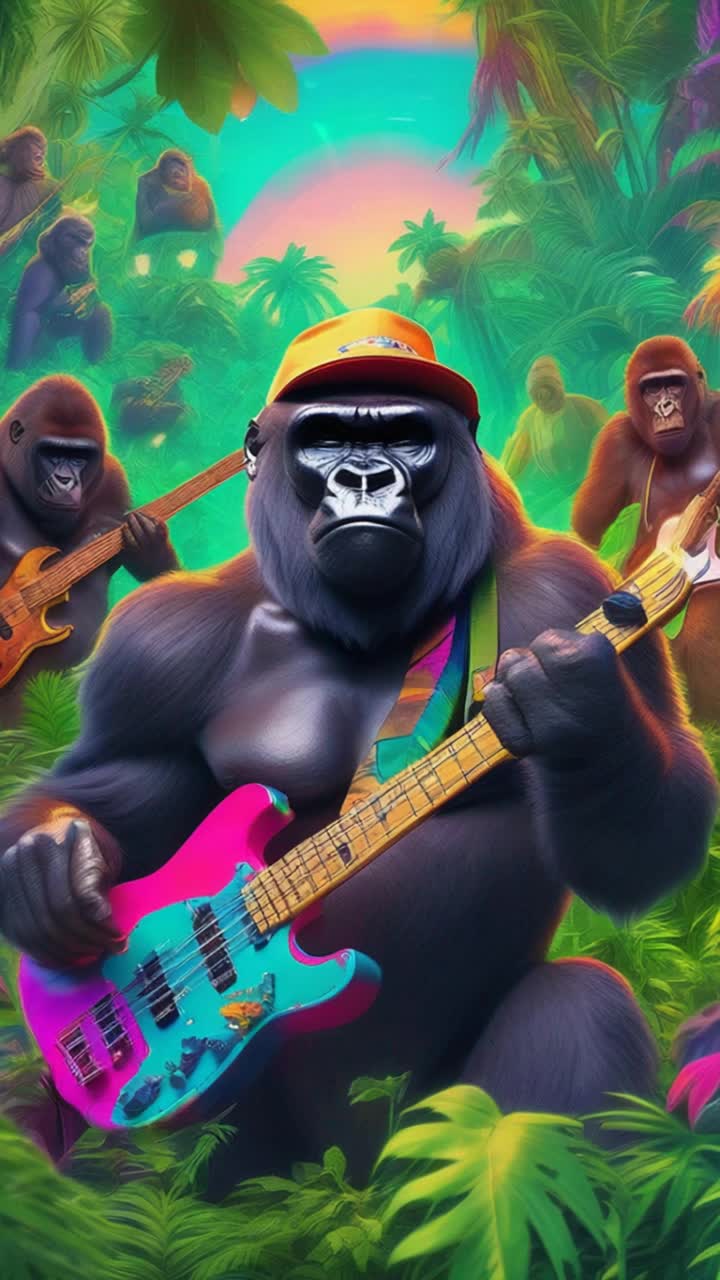 Gorilla wearing colorchanging bucket hat jamming on bass guitar with swagger surrounded by a lively troop of fellow gorillas peacefully smoking lush green buds vibrant jungle teeming with towering marijuana plants and tropical foliage glowing with vivid colors sunlight filtering through leaves creating an enchanting kaleidoscope of hues playing a soft lofi rhythm that resonates through the lush scenery adding a serene yet energetic vibe to the atmosphere bright flowers blooming around adding splashes of color to this tranquil celebration of nature and music