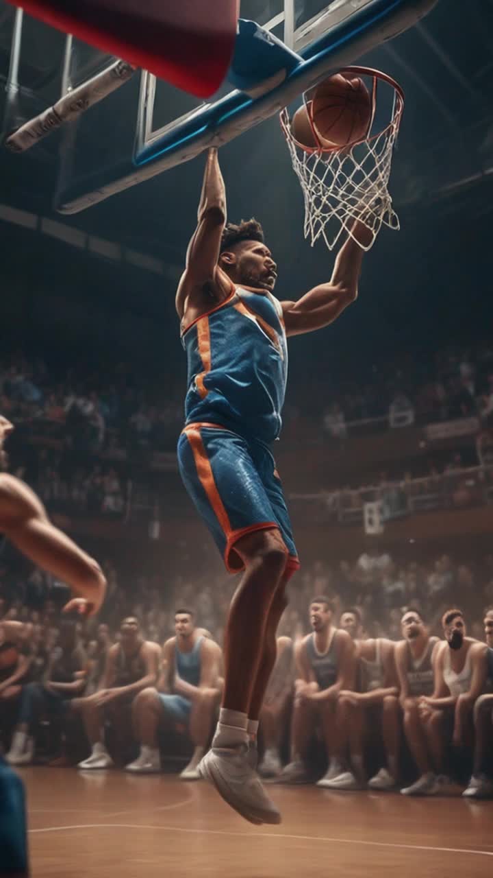 Athletic basketball player soaring gracefully through the air, muscular limbs extended dramatically, expression fierce and determined, vibrant jersey catching the light Powerful slam dunk sending basketball crashing through the hoop, net swaying with intensity, crowd of a few spectators looking on with indifferent expressions, some glancing at phones, others disinterestedly chatting Dimly lit gymnasium echoing with sounds of sneakers squeaking on the polished wooden floor, bright fluorescent lights casting stark shadows, banners of past champions hanging against walls, a stark contrast to the vibrant energy of the player in motion