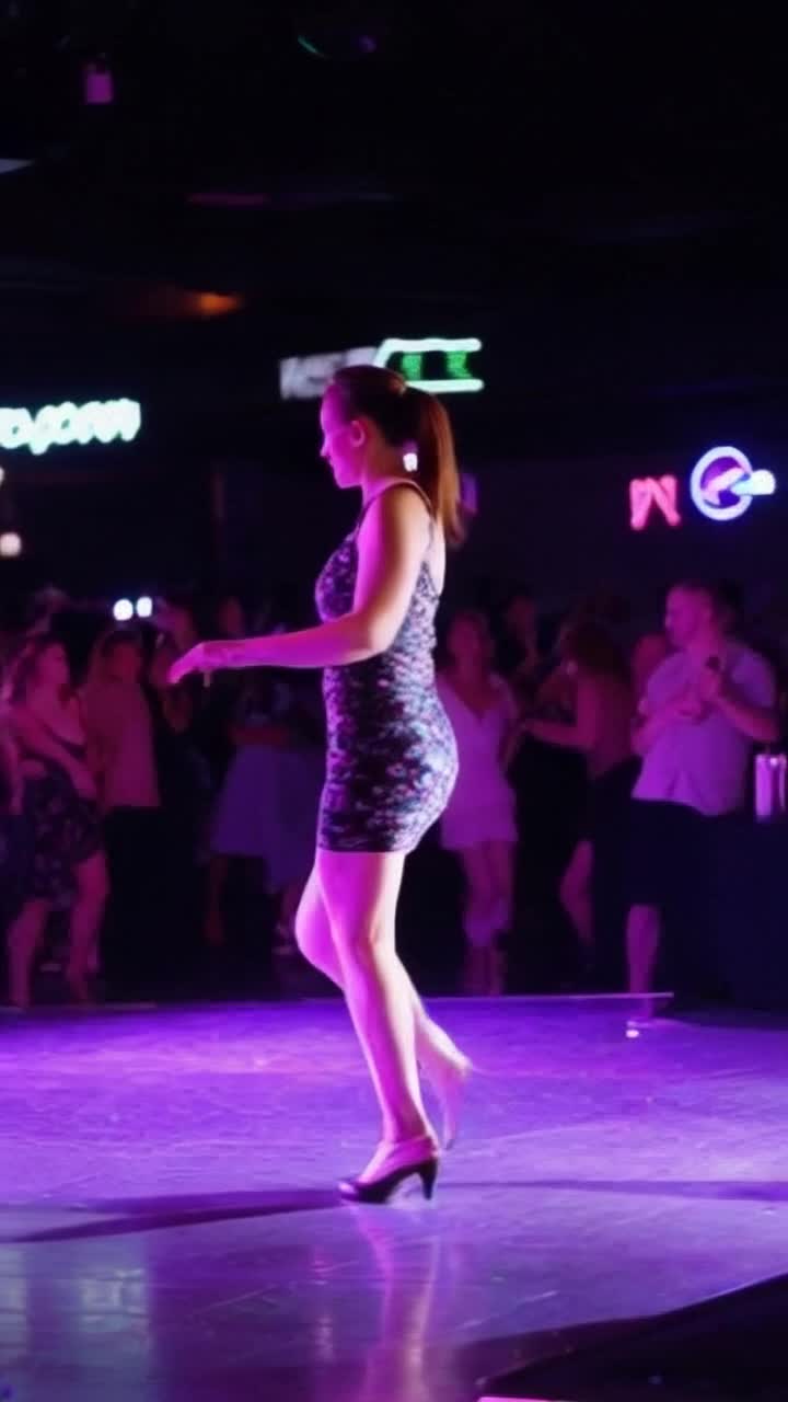 Enchanting dancer twirling gracefully radiating confidence and allure  Swaying her body rhythmically captivating attention with every movement  Neonlit dance floor pulsating with vibrant colors as music fills the air