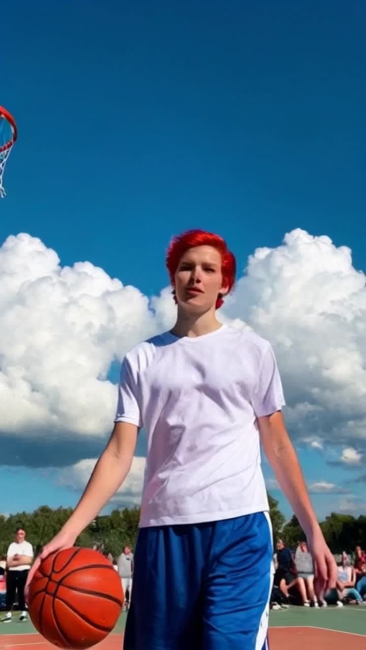 Pelirroja con cabello brillante y ojos intensos sonriendo enrgicamente en medio de la cancha de baloncesto Desplazandoze con confianza y gracia mientras dribla una pelota de baloncesto Bajo un cielo azul radiante con nubes esponjosas y un grupo de espectadores asombrados en las gradas llena de color y energa