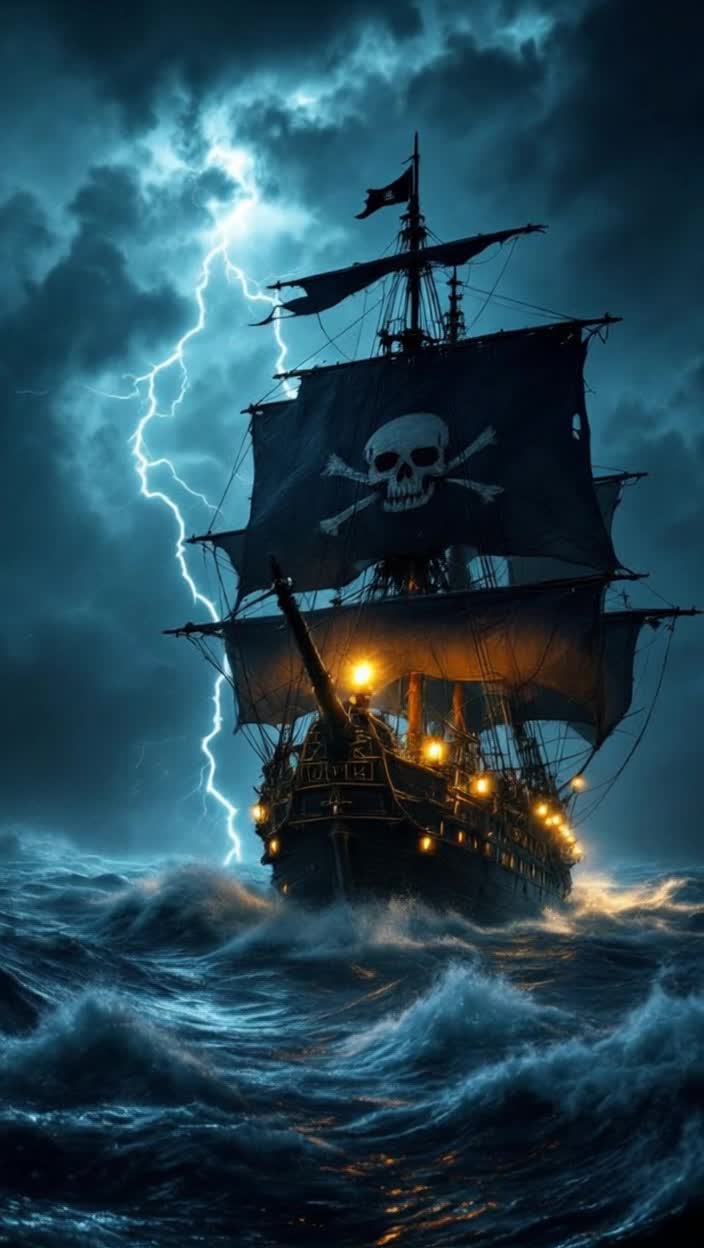 A dramatic pirate ship sailing through a stormy sea at night, with dark clouds, crashing waves, lightning strikes, tattered black sails with a skull emblem, flickering lanterns on deck, cannons firing, creaking ropes, ominous atmosphere  cinematic style, moody lighting, high detail, 10 scenes, music dark orchestral, duration