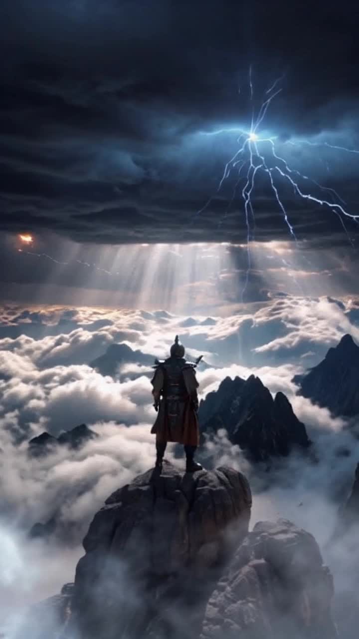 Valiant warrior standing resolutely on jagged mountain peak surrounded by swirling dark clouds Fierce storm unleashing thunderous roars while ethereal angels descend gracefully their shimmering wings unfurling to create a protective barrier Radiant light breaking through ominous skies illuminating the scene with hope amidst chaos as distant flashes of lightning crackle against rugged terrain