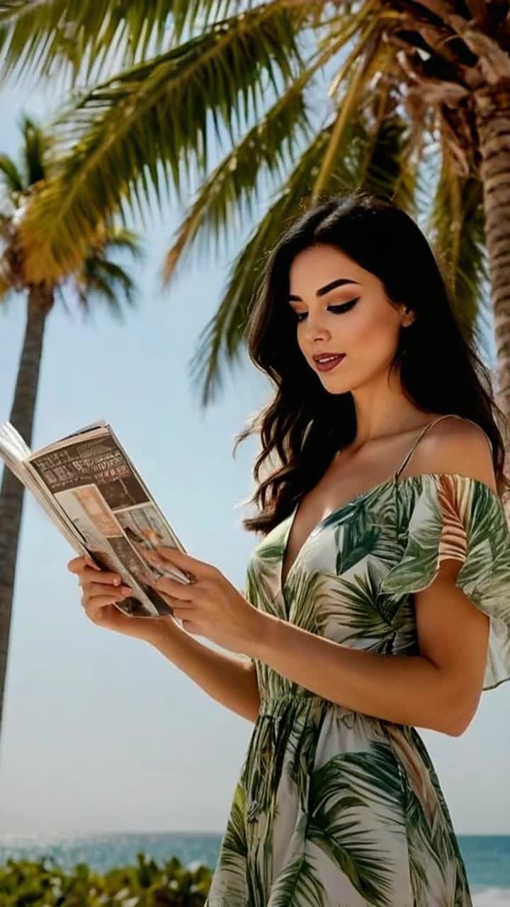 Elegant woman immersed in a captivating novel radiant sunshine illuminating her features gentle breeze playfully tousling her long flowing hair Tropical palm tree casting dappled shadows vibrant green leaves swaying softly against a cloudless blue sky warm golden hues of midday sun creating a serene atmosphere birds chirping in the distance enhancing tranquility inviting moment of escape with each turn of the page