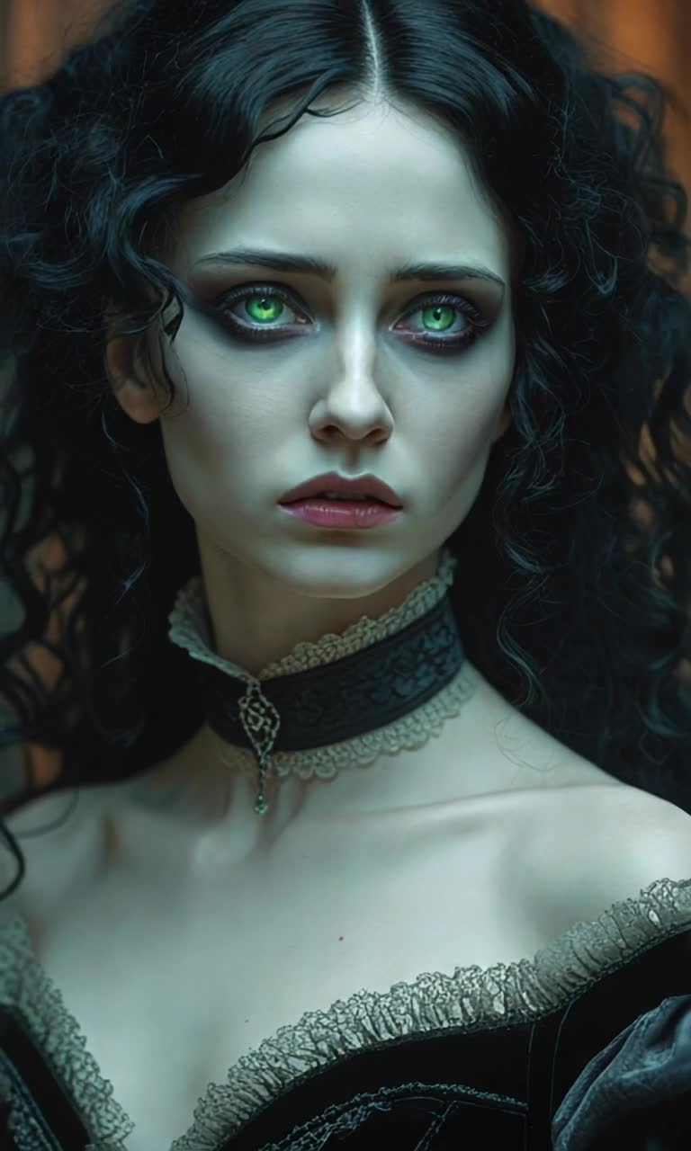 Woman with cascading black hair adorned in gothic attire pours her heart into a haunting melody Voice echoes powerfully like thunder resonating through a desolate forest Shadows dance around her as dark clouds swirl overhead Moonlight breaks through the branches illuminating her somber expression Eerie whispers carried by the wind enhance the atmosphere, creating an otherworldly vibe Mist rolls in from hidden depths, cloaking the scene in mystery Spectacular gothic architecture looms in the background, towering spires piercing the night sky Enchanting yet mournful energy envelops every note as she captivates unseen spirits