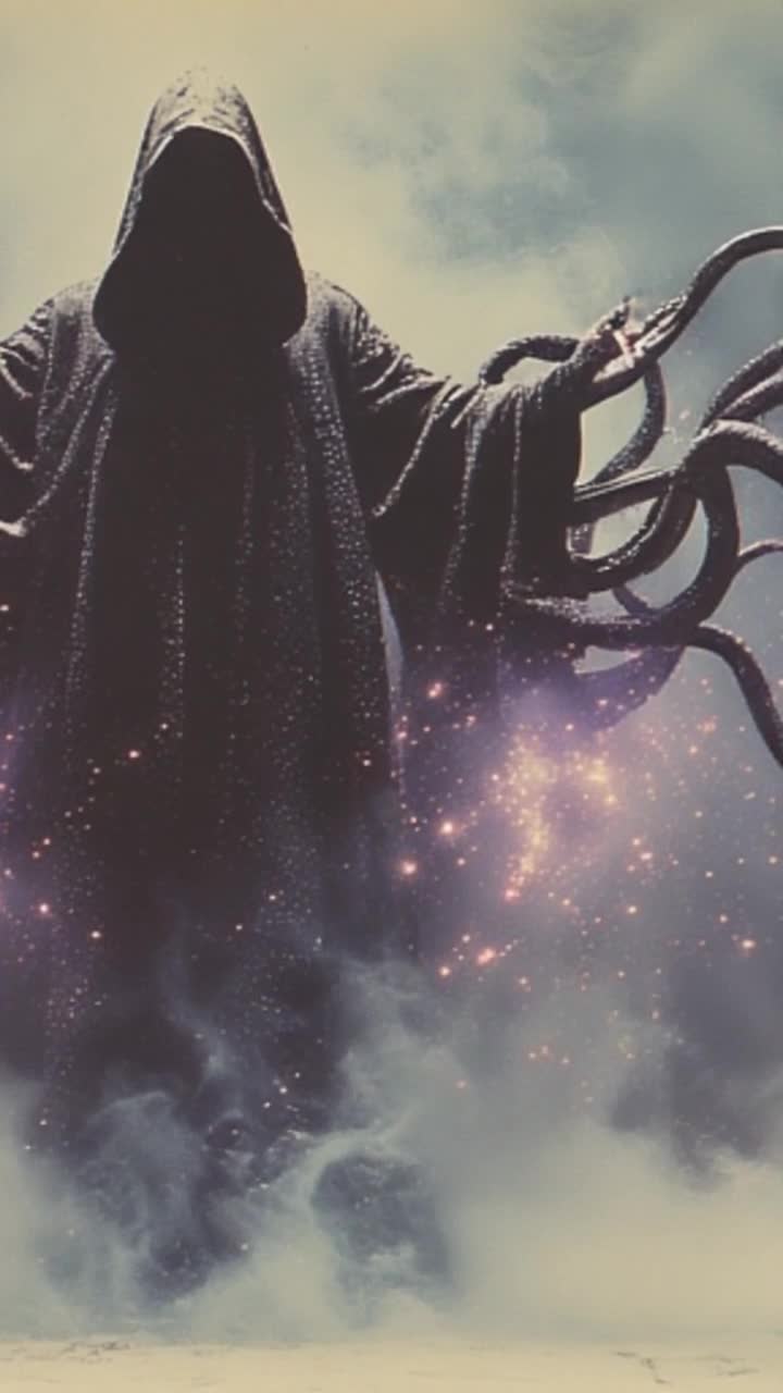 Swirling tentacles unfurling gracefully in shades of deep green and purple, sinuous forms flickering with bioluminescent glows, gliding through the murky depths of the ocean Shimmering bubbles rise around them, reflecting fragmented hues of light Ghostly fog billowing across the waters surface, shrouding everything in an eerie mist, mystical shadows dancing in the twilight Wisps of vapor curl around ancient shipwrecks, hinting at forgotten tales lurking beneath the waves