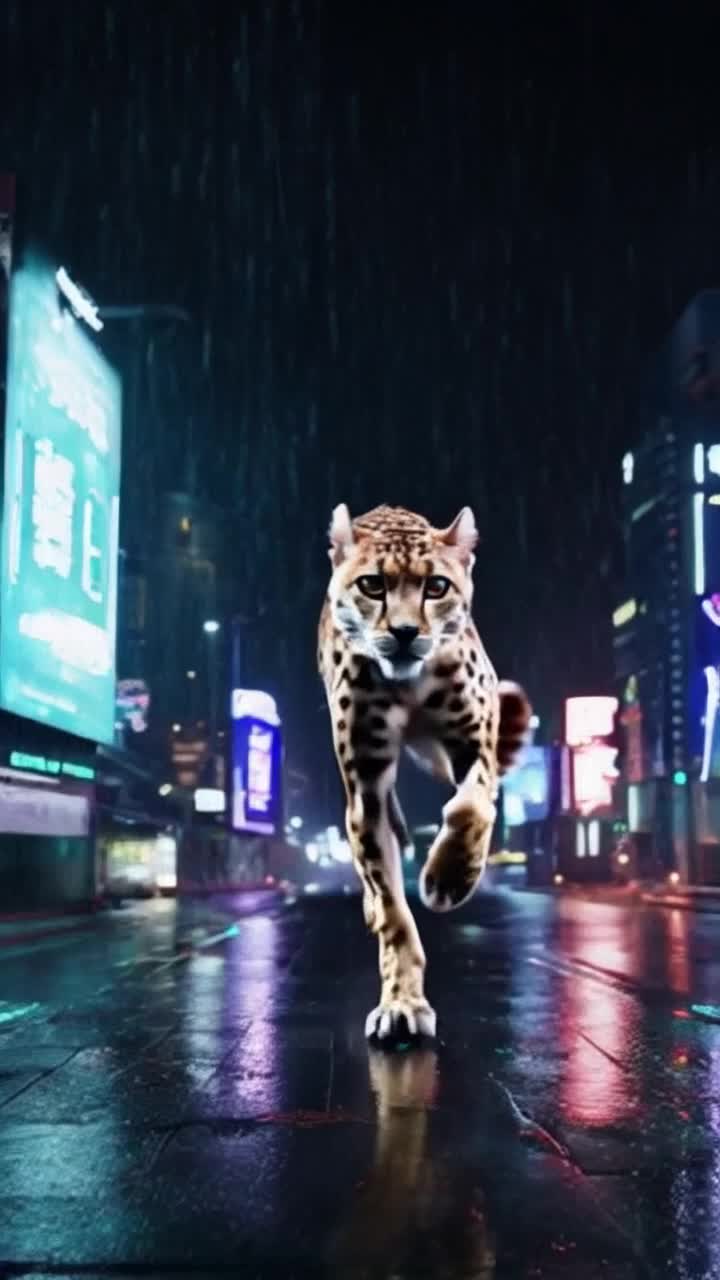 Mechanical cheetah with glowing circuitry and chrome sheen  
Pounced with unmatched agility soaring through vibrant neon streets  
Flickering shadows of a bustling cyberpunk city illuminated by holographic billboards and rain-soaked pavement