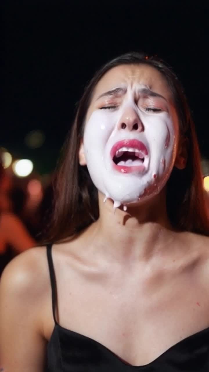 at a night club we see a happy Kendall Jenner blowing an amazing bubble of white sticky bubblegum as it pops and splatters over her entire face, white sticky bubblegum expands then pops onto her face leaving a white gooey mess as she screams and screams and cries 