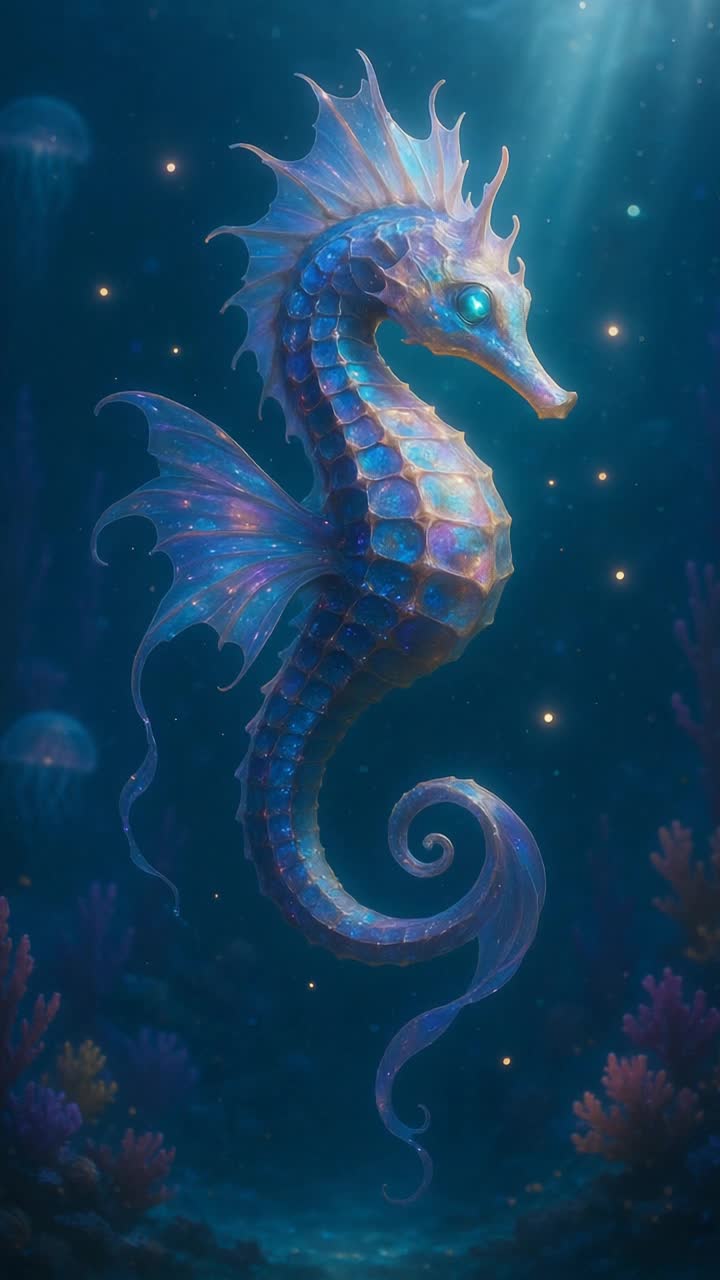 A majestic, oneofakind seahorse glides through glowing crystalblue waters Its body shimmers with iridescent sapphire, amethyst, and gold scales Bioluminescent fins ripple like silk, trailing sparkling light Its glowing eyes hold ancient wisdom Around it, jellyfish float like lanterns and vibrant coral blooms in the background Magical orbs drift nearby The atmosphere is dreamy and surrealpart ocean, part fantasy realm Hyperdetailed, cinematic lighting, awardwinning underwater fantasy photography style