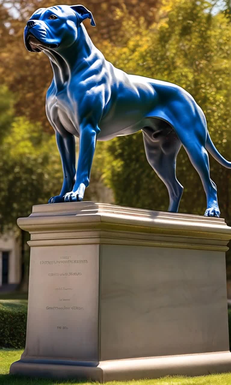 Majestic giant statue of a regal blue Staffordshire pitbull dog standing proudly on a pedestal radiating strength and loyalty glimmering under sunlight Bulging muscles and fierce expression showcase a sense of guardianship while gentle eyes invite admiration Powerful stance commands attention as its tail arches elegantly Soft breeze rustles nearby vibrant foliage adding life to the scene Lush parkland spreads out around the statue sprinkled with colorful flowers creating a vibrant contrast against the blue hue Distant children play and laughter fills the air enhancing the serene atmosphere of this enchanting park setting