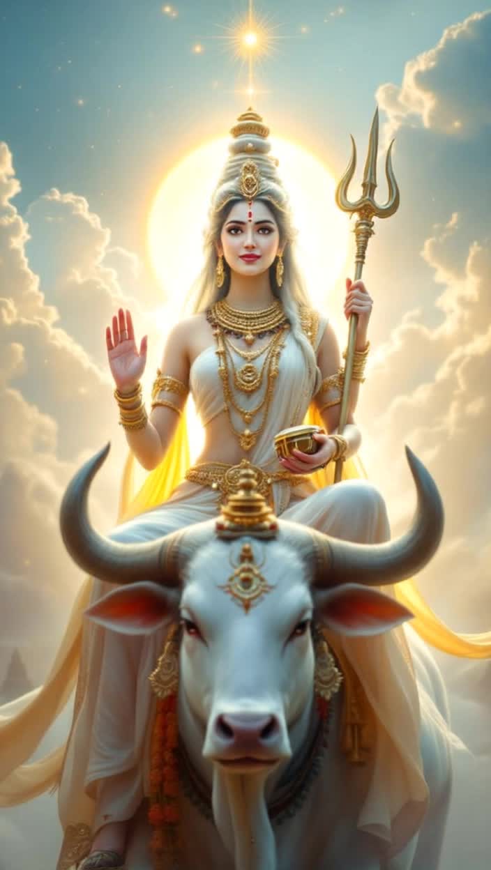 Sure, here is a script for a Mahagaurithemed reelReel Script Mahagauris RadianceReel Title Idea The Glow of Mahagauri  Mahagauri Pure and PowerfulMusic Use a spiritual and upbeat track, like a modern devotional bhajan dedicated to Goddess Durga or a rhythmic chantVideo Sequence  03 seconds Scene 1 Transition In    Visual Start with a shot of a simple, dark background A single, small white light or a blurry glow appears in the center and expands    Text on screen On the 8th day of Navaratri  37 seconds Scene 2 The Arrival    Visual The white light quickly transitions to a shot of a beautiful, clean, white space A subtle animation of a trident trishul and a damaru small drum can appear briefly    Text on screen we celebrate the divine Mahagauri  712 seconds Scene 3 Symbols of Purity    Visual The video shows closeups of pure white or silver objects a white peacock feather, a white lotus flower, a silver pot kalash, and a string of white jasmine flowers    Text on screen Symbol of purity, peace, and innocence  1216 seconds Scene 4 Inner Strength    Visual A person or an animated figure is meditating calmly, and a radiant white light emanates from their heart The light spreads, and the background changes to a sky with soft, white clouds    Text on screen She reminds us of the power within  1620 seconds Scene 5 Blessing    Visual The image of Goddess Mahagauri appears She is depicted as radiant and serene, dressed in white or lightcolored garments, and riding a white bull Vrishabha    Text on screen May her blessings bring peace and prosperity  2025 seconds Scene 6 Call to Action  Conclusion    Visual A quick montage of devotional actions a person lighting a diya lamp, hands clasped in prayer, and a final shot of a beautifully decorated temple altar    Text on screen Happy Ashtami Jai Mahagauri    CaptionDescription Add a heartfelt message in the caption, perhaps including a short prayer or a description of Mahagauris significance You can also ask a question to encourage engagement, like What are you grateful for on this dayThis script is designed to be visually appealing and convey the key aspects of Mahagauris significancepurity, peace, and inner strengthin a short, engaging format suitable for a reel You can use your own photos, videos, or even stock footage to create this