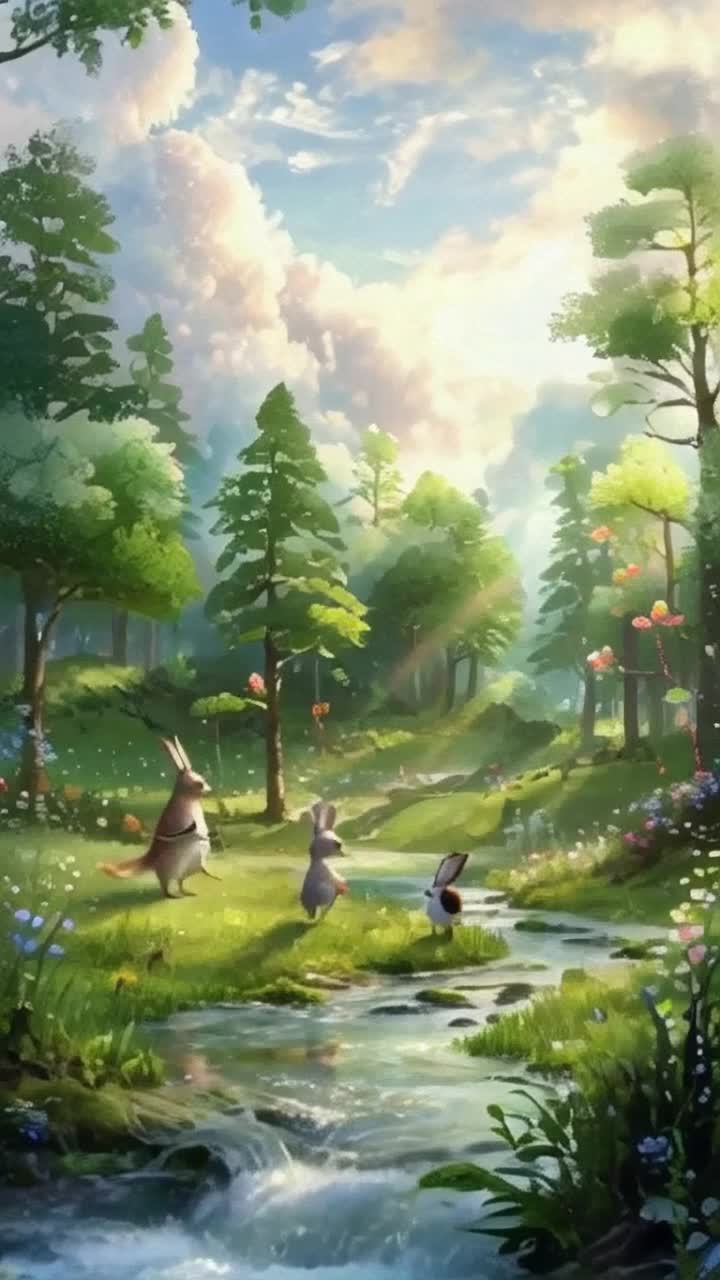 Whimsical forest creatures frolic in vibrant meadows glistening with dew droplets pulsating with life gracefully swirling through soft pastel skies dotted with fluffy clouds enchanting sparkling streams babbling serenely as sunlight filters through lush canopies casting playful shadows over enchanted pathways where delicate flowers sway to the rhythm of a gentle breeze creating a harmonious symphony of nature rising mist dances around an ancient tree revealing secrets of a magical world inviting viewers into a tranquil escape filled with wonder and serenity unfolding like a beloved storybook waiting to be discovered