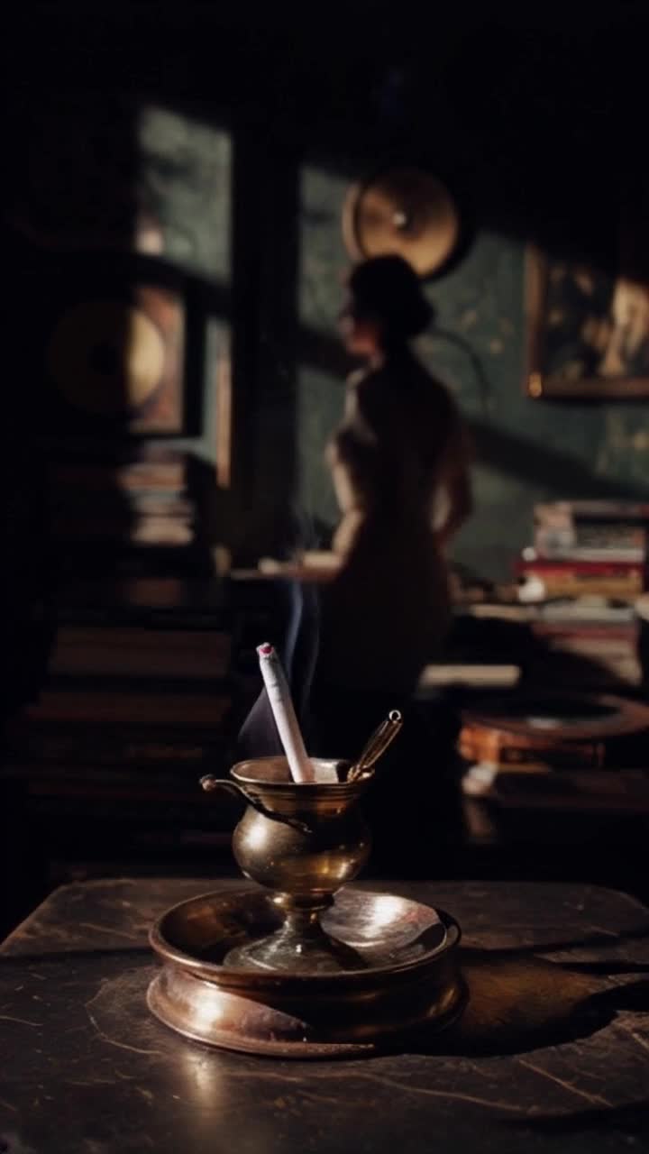 Smoldering cigarette nestled in a vintage ashtray wisps of smoke swirling gracefully transforming into a delicate silhouette of a woman dancing elegantly across the air soft lighting casting shadows that flicker around her form warm inviting tones of a dimly lit room adorned with retro decor vintage records lining the walls creating a nostalgic atmosphere haunting melody playing softly in the background adding to the dreamlike quality of the scene
