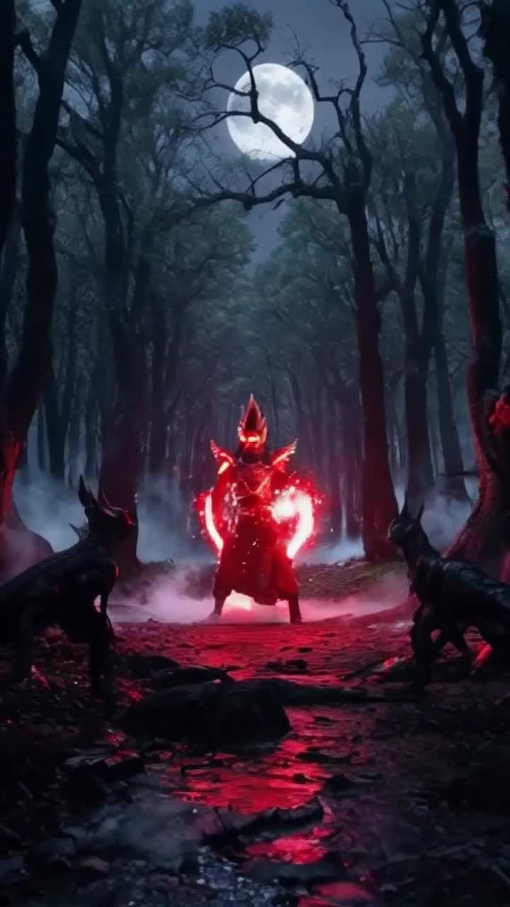 High vibrational warrior with spikey hair radiating atomic red energy is surrounded by demons as he unleashes ancient martial arts techniques and high vibrational photon blasts to destroy them then he flexes his muscles and hero poses 