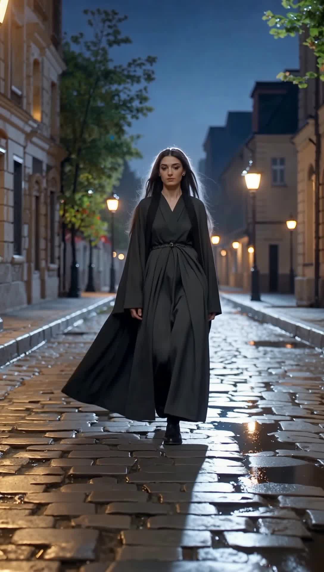 Ethereal woman Yvette glides down shadowy cobblestone street her dark cloak billowing around her luminescent braids dancing in the cool night breeze Moonlight bathes the scene casting silvery reflections on puddles below Flickering streetlamps create dramatic shadows enhancing the mysterious atmosphere 