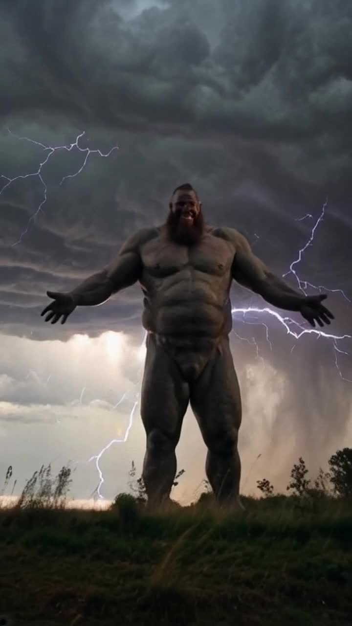 Colossal giant towering over vibrant landscape with a mischievous grin Arms outstretched as lightning strikes dramatically around him Brilliant flashes illuminating dark storm clouds while winds whip through nearby trees and grass creating chaos in natures fury