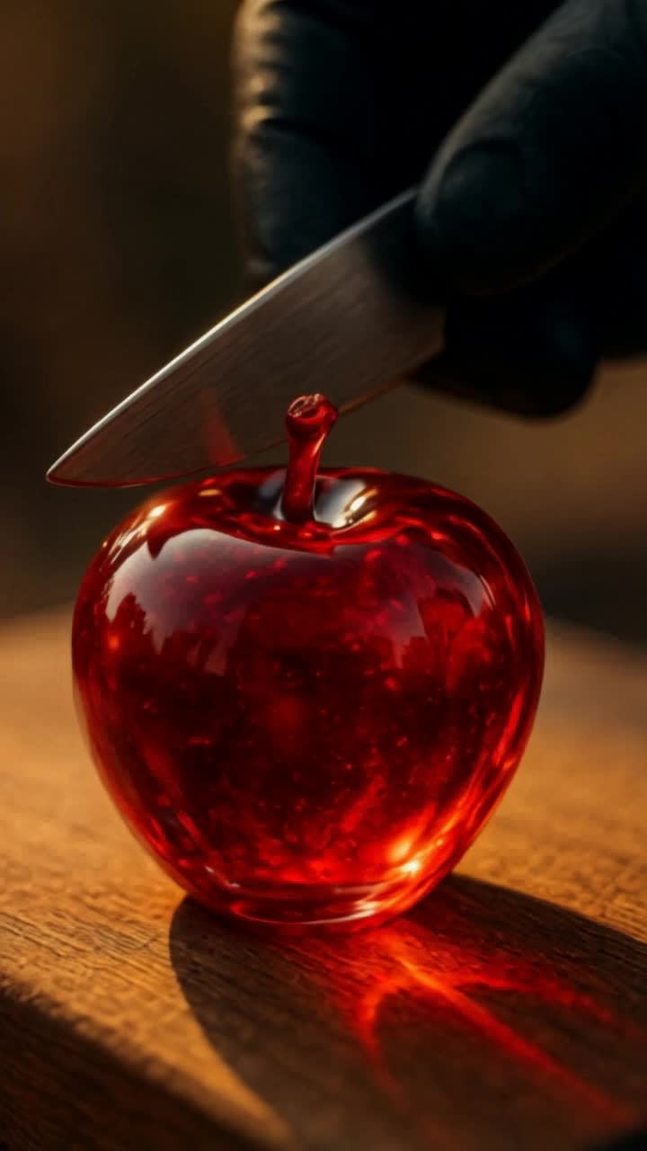 Hyperrealistic glass fruit collection glimmering in soft pastel hues of pale yellow for banana bright red for apple gentle orange for carrot poised elegantly on rustic wooden  board Frozen moment captures human hand gripping gleaming stainless steel knife hovering just above radiant glass surface In slow motion knife glides through translucent skin making precise clean slice delicate glass crackling fills air Front section detaches gracefully from fruit shards glinting like tiny jewels scattering across board Second slice follows swiftly revealing inner beauty ASMR slicing sounds resonate richly silence envelops scene