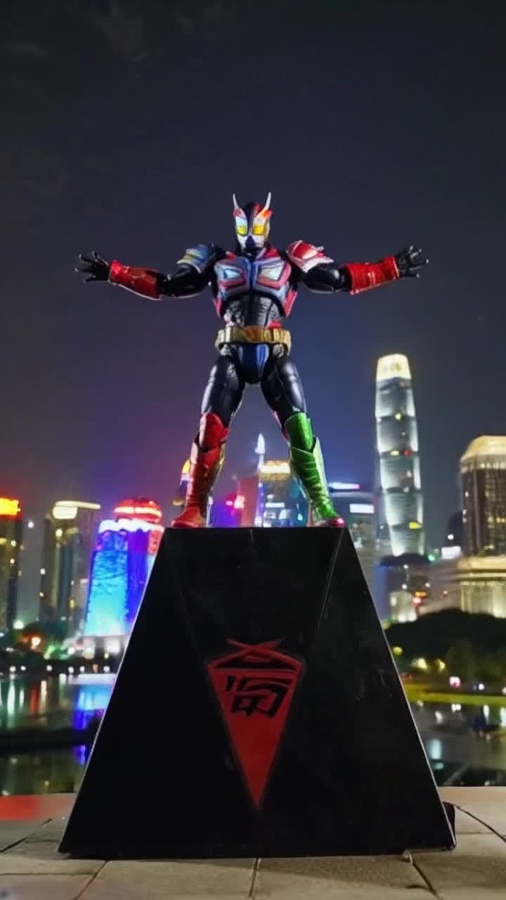 Colorful action figure poised heroically on a dynamic display stand striking a fierce battle pose with a determined expression on its sculpted face against a vibrant city skyline illuminated by neon lights filled with soaring skyscrapers and bustling activity as night falls creating an adventurous atmosphere alive with excitement