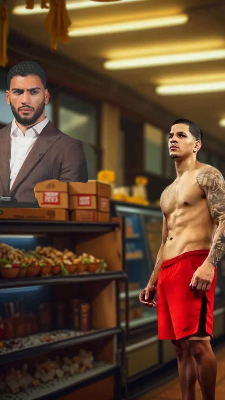 Deli clerk in the suit serves athlete a sandwich