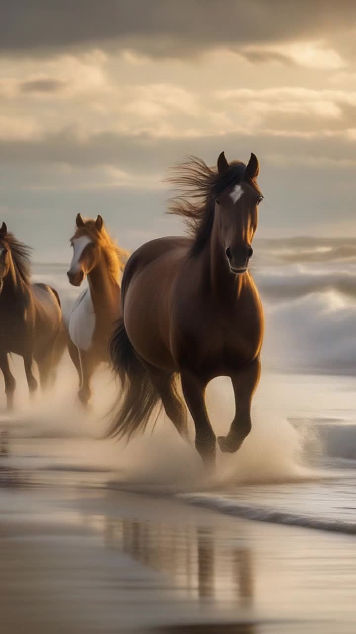 Wild horses in breathtaking hues of chestnut and black gallop gracefully across a sparkling shoreline Sunlight dances on their flowing manes as ocean waves crash onto golden sands A warm summer breeze rustles tall grasses as fluffy white clouds float above Shadows stretch and elongate on the beach while rhythmic hoofbeats echo a symphony of freedom Laughter of seagulls fills the air soaring high above creating a dynamic backdrop of serenity and motion Vibrant colors collide in this captivating scene where wild spirits run free along the shimmering coast, celebrating the beauty of natures untamed elegance