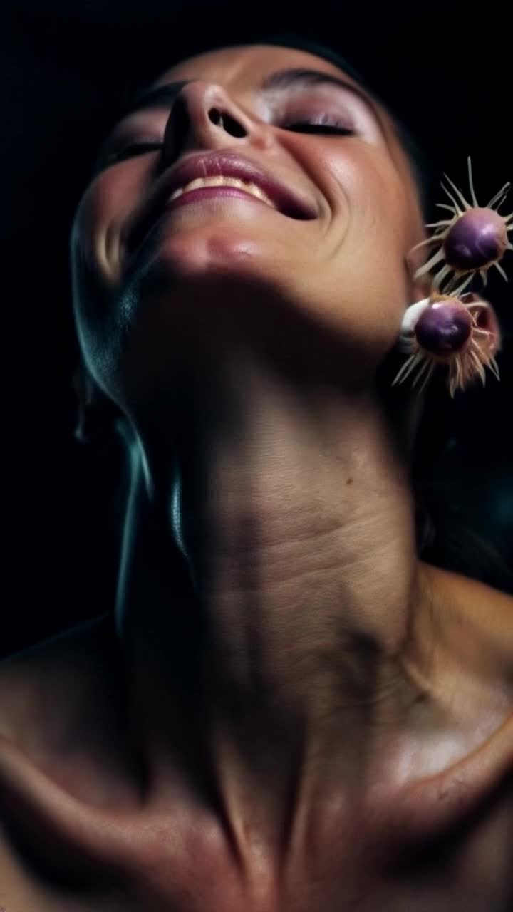 a small parasitic alien blob is attached to the back of a human being with a tendril piercing the neck, the human being is smiling and seemingly enjoying the experience as the camera zooms out to reveal more humans with attached parasites, 
