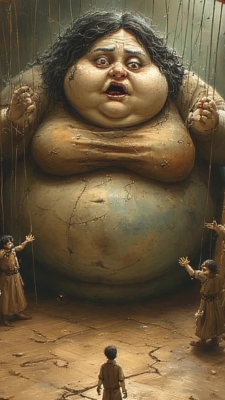 The camera slowly pushes forward onto a crooked puppet stage, dimly lit by flickering lanterns The morbidly obese wife puppetmaster looms above, her cracked porcelain face twisted with paranoia, massive hands clutching tangled strings Her strings pull violently, making shadowy marionette friends in the wings flail and reach out helplessly The crooked stage floor suddenly slams shut like a trapdoor, splintered boards cracking and sinking, swallowing the puppets below The frail husband puppet stands center stage, stitched with glowing guiltthreads, wobbling and twitching as he watches helplessly Shadows twist and stretch across warped striped curtains, lanterns sway, and the atmosphere is grotesque, eerie, and tragically theatrical Motion is abrupt and puppetlike, with sudden snaps and exaggerated, dreamlike distortions