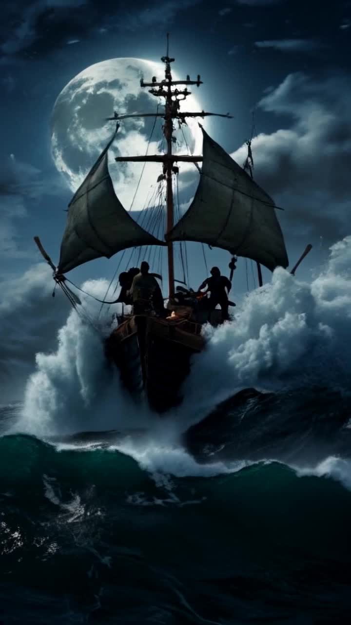 the fifteenth century pirate ship is at sea riding huge waves that are crashing against the prow as the ship bobs, pirates onboard are holding onto ropes trying to maintain control, the moon radiates an eerie glow behind the partly cloudy skies, 
