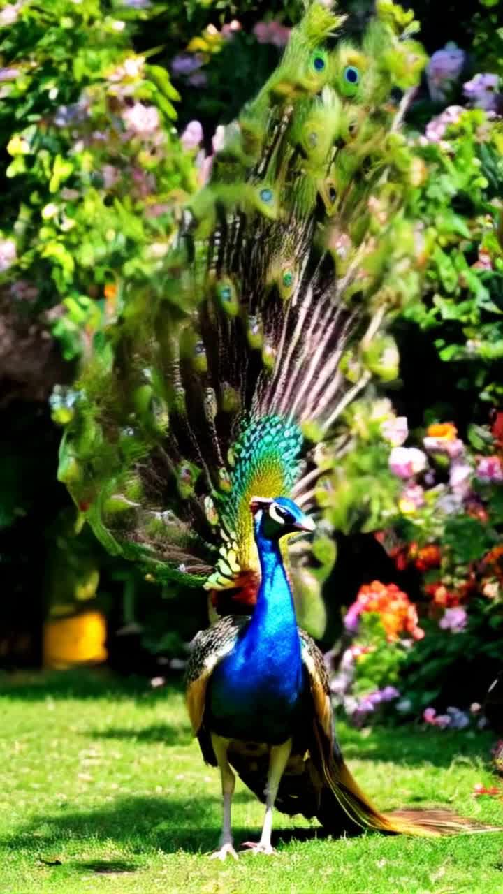 Majestic peacock spreads radiant feathers showcasing vibrant hues of blue green gold  Tail feathers shimmer under bright sunlight each eyelike pattern dancing enchanting onlookers  Lush garden backdrop with blooming flowers gentle breeze rustling leaves creating serene atmosphere