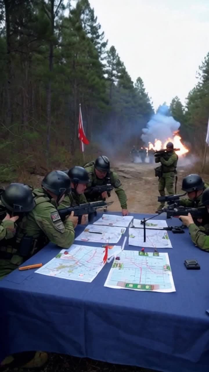 Strategic military commanders in tactical gear planning meticulously around a table vibrant maps displaying key routes detailed with markings and symbols Executing a surprise assault troops advancing stealthily through dense foliage with determination carrying advanced weaponry and high-tech equipment Chaotic battlefield scenery with smoke rising from explosions in the distance urgent radio communications filling the air flags waving amidst the turmoil showcasing a clash of power and strategy