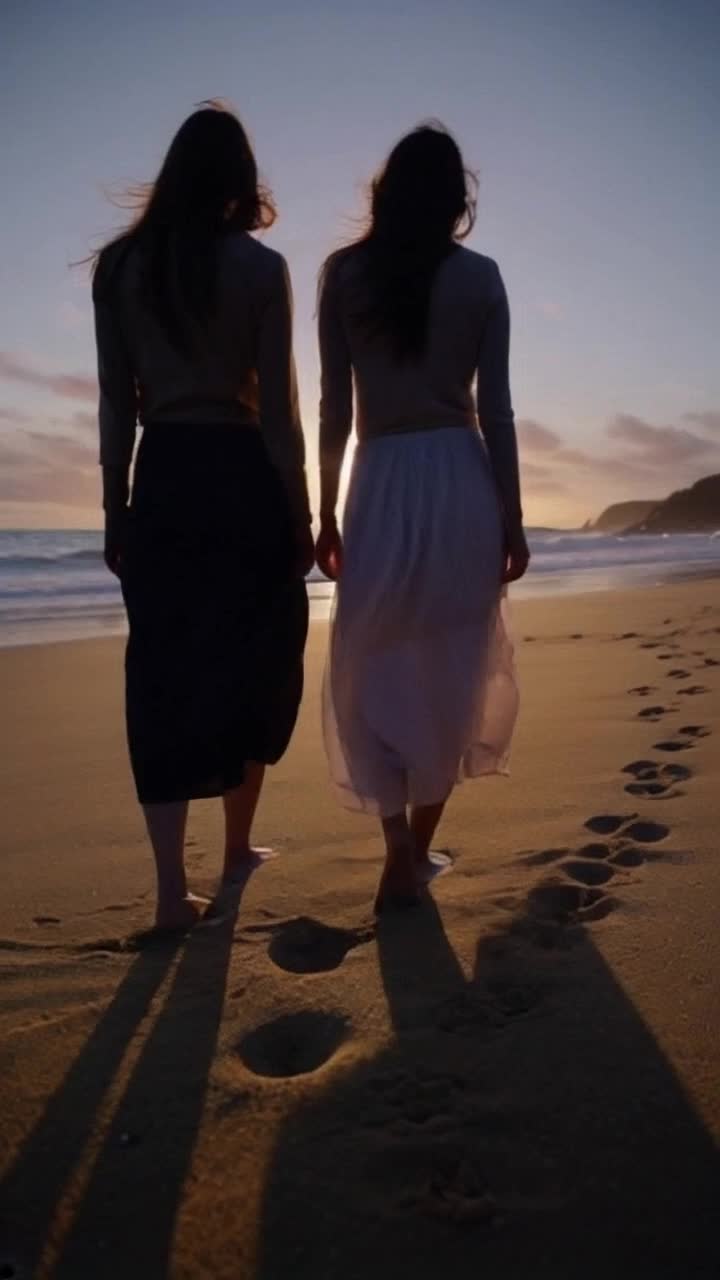 a silhouette of two women standing side by side on a beach at twilight, one in a dark skirt, one in a pale skirt, facing the ocean, long shadows stretching behind them, soft wind moving their skirts, footprints visible in the sand, low camera angle from behind, mystical and quiet atmosphere, cinematic lighting