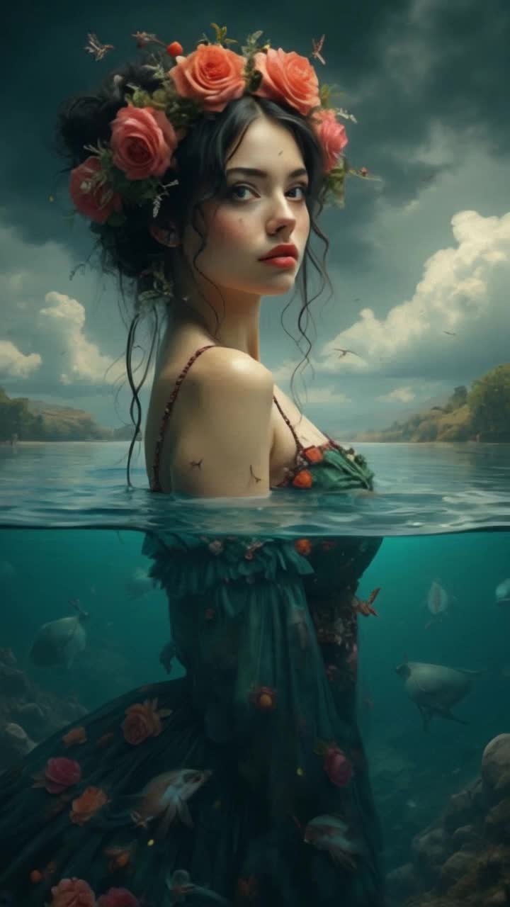 Lady is caught up in a flowing river, she floats down the river along with tropical fish and clear water enhancing all of her movements below the water, as clearly as the roses in her hair are, they begin to grow and expand into thorny vines that secure her to land banks, lots of action camera perspective shifting gives multiple angles in quick succession, raving mad beauty is lucky nature loves her and saves her from peril, surreal motion and focal shifting, mesmerizes your eyes beyond belief