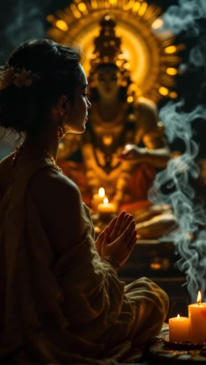 Serene individual seated before radiant Skandamata idol palms gracefully folded in devotion Gentle breath halting thoughts as a tranquil chant of her mantra unfolds Intimate setting adorned with soft