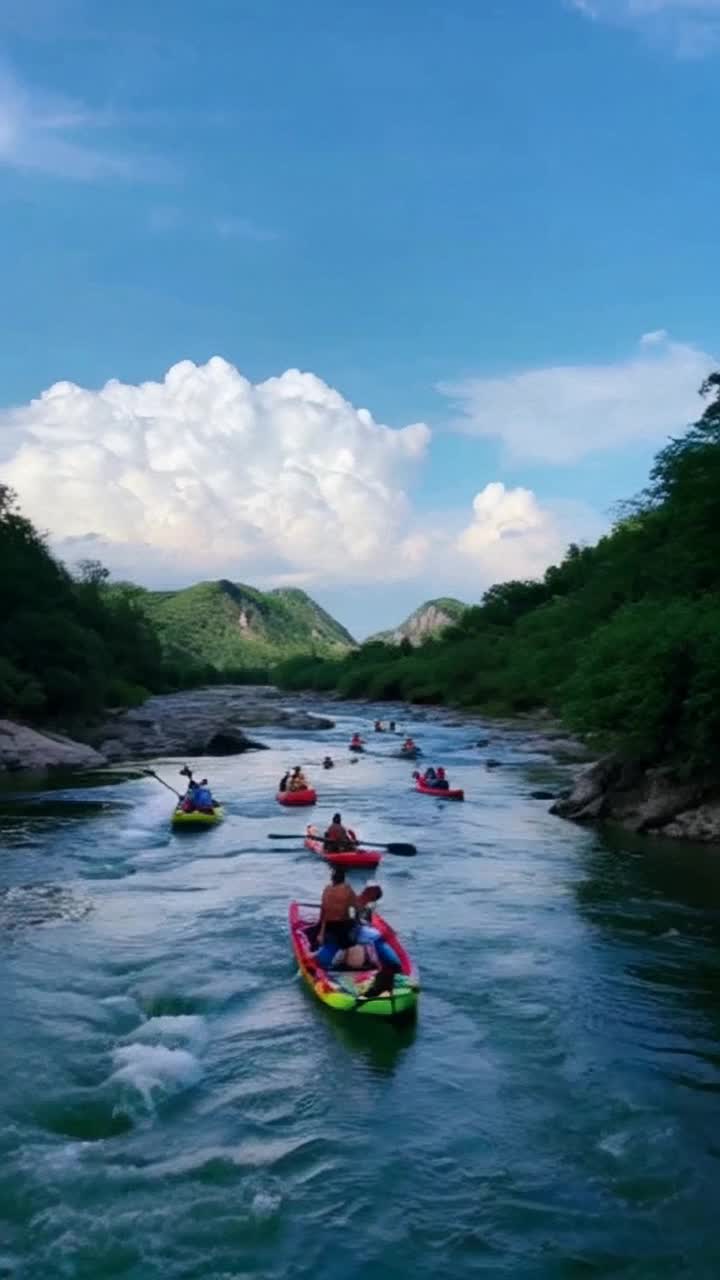 Vibrant multi-colored rafts filled with spirited adventurers gripping paddles tightly  Swirling through churning rapids creating a symphony of splashes and laughter  Sun-kissed terrain surrounded by lush green trees with jagged rocks framing a sparkling river flowing beneath an expansive sky painted in brilliant shades of blue with cotton candy clouds drifting lazily