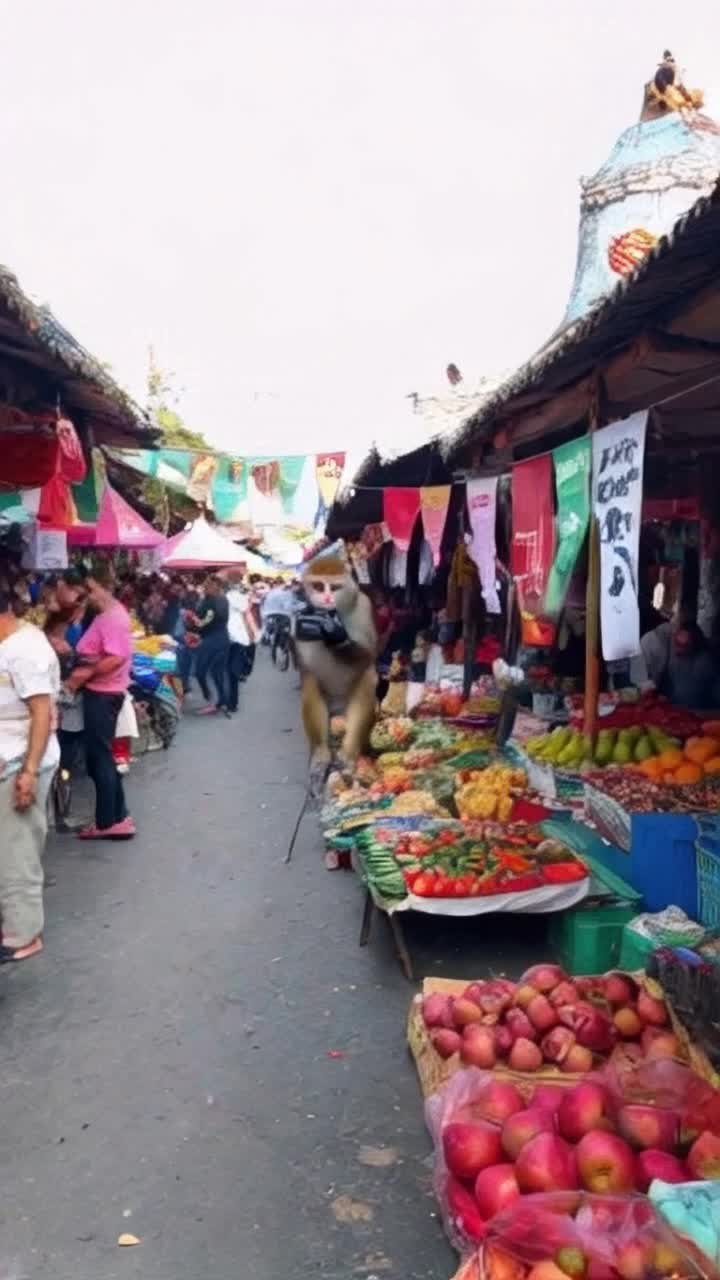 Energetic monkey swinging through vibrant market stalls capturing colorful sights and sounds with a handheld camera playfully interacting with curious shoppers bustling crowd filled with lively vendors selling exotic fruits and handmade crafts bright banners fluttering in the warm sun creating a lively atmosphere of excitement and charm