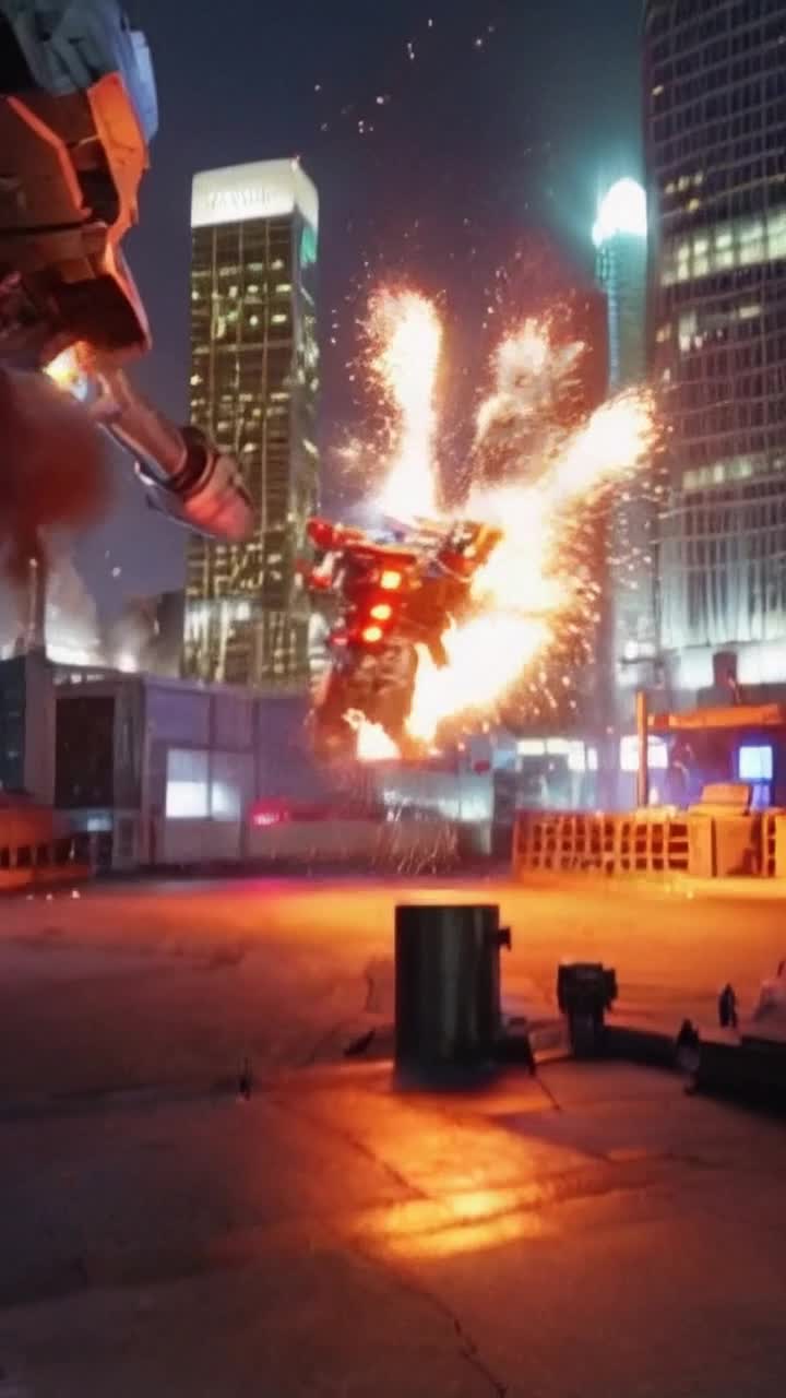 Transforming robot gleaming with colorful armor engines roaring flames erupting from its back executing an agile twist evading a massive metallic arm slashing through the air against a backdrop of a futuristic cityscape filled with towering skyscrapers and flickering neon lights debris spiraling in the wake of the robot's swift movement nighttime sky illuminated by distant explosions and swirling smoke creating an atmosphere of chaos and adrenaline