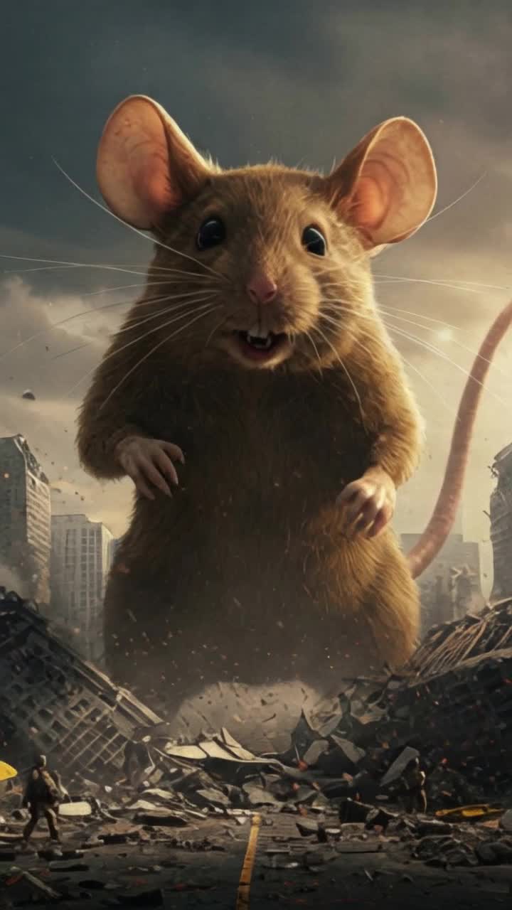The image depicts a colossal mouse, its fur a mottled gray and brown, looming over a city reduced to rubble Buildings, once proud and towering, are now splintered and collapsed beneath its massive paws Dust and debris fill the air, creating a hazy, apocalyptic scene The mouses eyes gleam with a wild, almost playful, intensity, while its whiskers twitch, sensing the chaos it has wrought it throws a car at the camera as it roars in triumph 