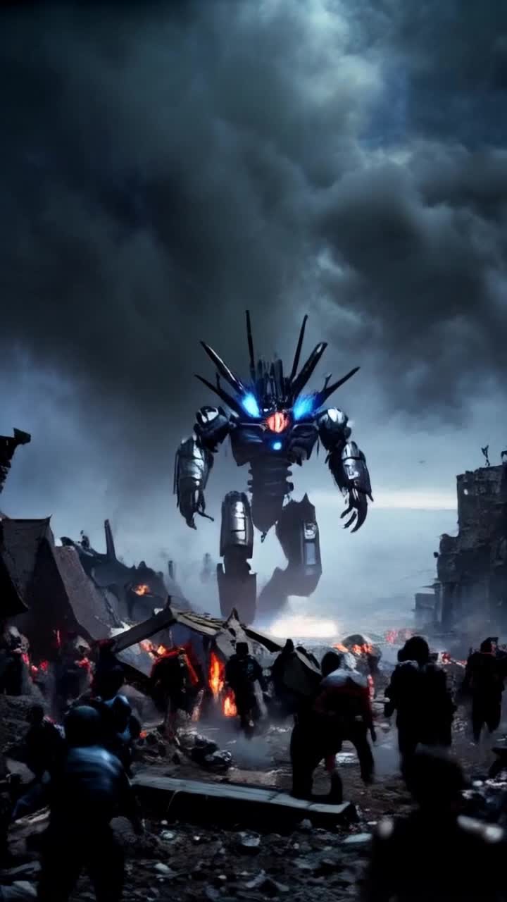The gigantic robotic ant shoots laser beams at the crowds of people in the apocalypse with explosions and fog and fire 