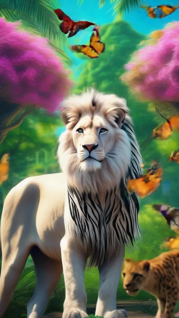 Majestic white lion adorned with zebra stripes delightful tiger flaunting vibrant peacock feathers unique giraffe sporting cheetah skin patches whimsical chicken with batlike face charming cow possessing cat features prancing joyfully through an enchanting jungle filled with colorful exotic flowers lush green foliage and sparkling sunlight filtering through tall trees vibrant butterflies fluttering around creating a magical atmosphere bursting with life and wonder