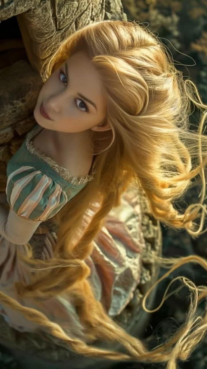 Elegant Rapunzel with cascading golden locks gracefully descends ivycovered stone tower her hair dancing in the gentle breeze embracing freedom below lush greenery and vibrant wildflowers surround her feet soft sunlight filtering through trees casting playful shadows on her path birds serenade her journey singing melodies of hope and adventure as she embraces the enchanting world awaiting her at ground level