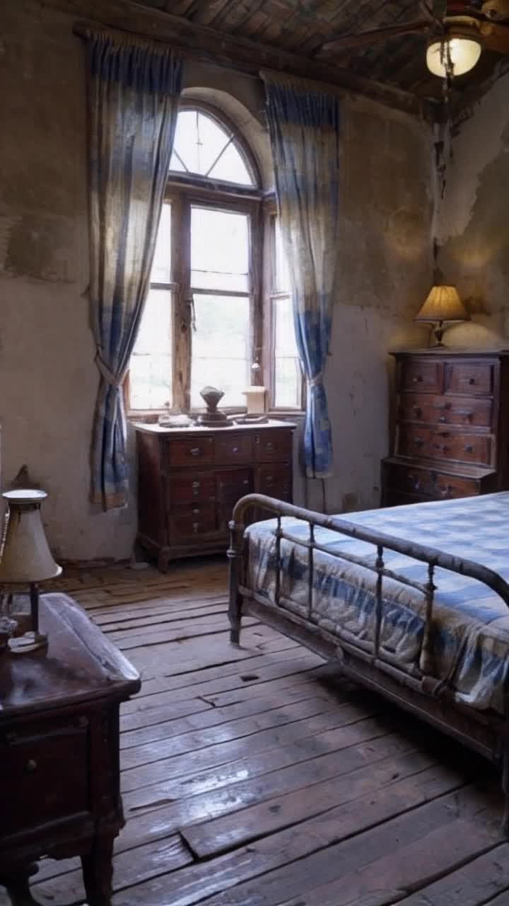 An interior of an old fashioned room of a hotel from the 1840s The room is decrepit and aged and full of dust and cobwebs The old fashioned window panes are dull from the sun there are dirty torn faded blue and white checkered curtains the floors are aged weathered wooden floors There is a creaky looking  brass metal bed a dirty faded blue and cream colored striped mattress with thin stripes there is a warped old wooden dresser the dresser has marble knobs and a kerosene lamp on top of it There is an old oval faded woven rag rug on the floor there is an old fashioned large once beautiful wooden armoire in the corner of the room