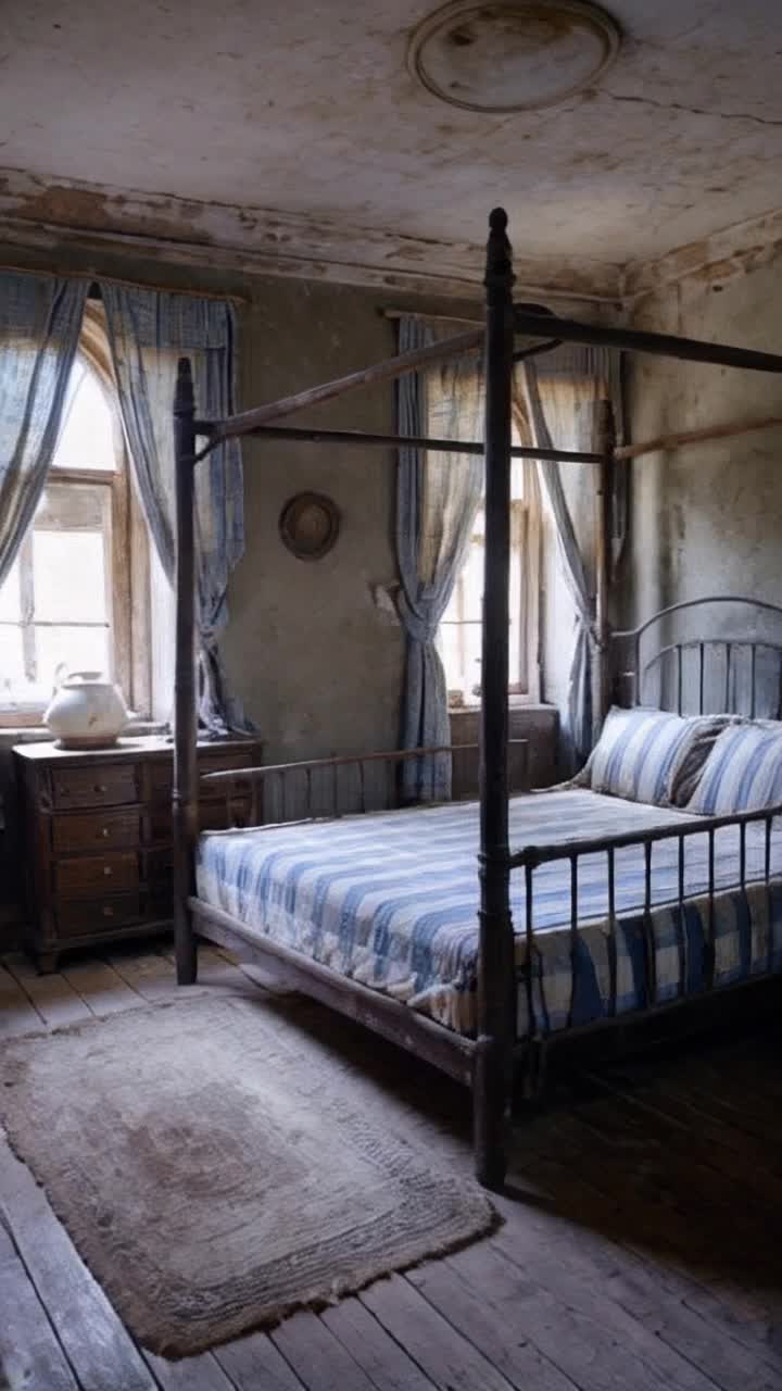 An interior of an old fashioned room of a hotel frim the 1870s The room is decrepit and aged and full of dust and cobwebs The old fashioned window panes are dull from the sun there are dirty torn faded blue and white checkered curtains the floors are aged weathered wooden floors There is a creaky looking metal four poster bed witjh a dirty faded blue and cream colored striped mattress with thin stripes there is a warped old wooden dresser the dresser has marble knobs and a cracked cream colored ceramic pitcher set on top of it the pattern is of daisies There is an old oval faded woven rag rug on the floor
