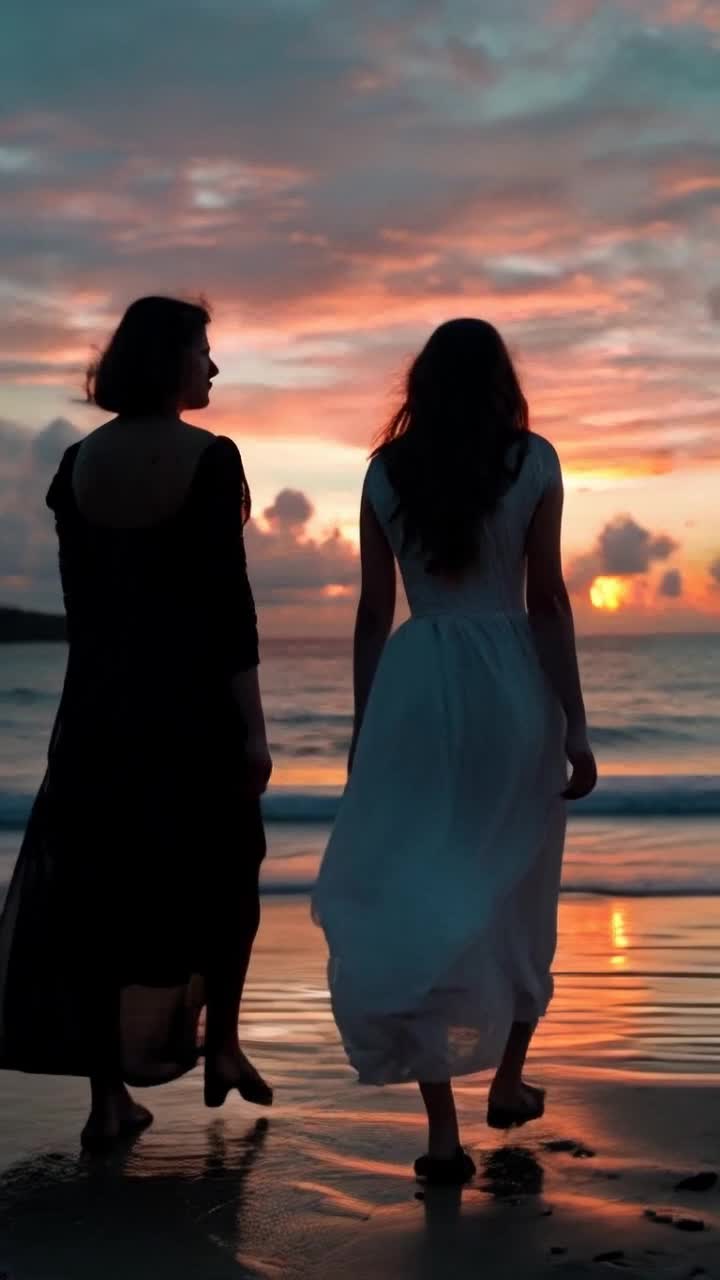 Two women standing side by side at the edge of the sea during sunset, one wearing long flowing black dress and the other is wearing a log flowing white dress The view is from the ocean looking toward the shore, showing gentle waves washing over their toes Low camera angle focused on their steps in the wet sand, soft reflections, wind moving the fabric slightly, peaceful and cinematic mood