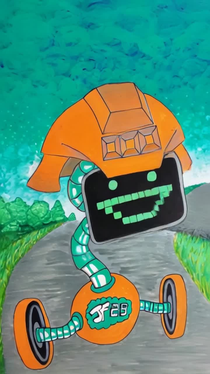 Colorful work robot zipping along pavement wheels glinting in sunlight swift movements radiating energy Surrounding vibrant cityscape bustling with pedestrians lively cafes flowerfilled parks shimmering skyscrapers reaching towards sky
